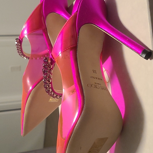 Jimmy Choo Bing 100 Hot Pink Plexi & Crystal Embellished Mules size 38 - Picture 4 of 5